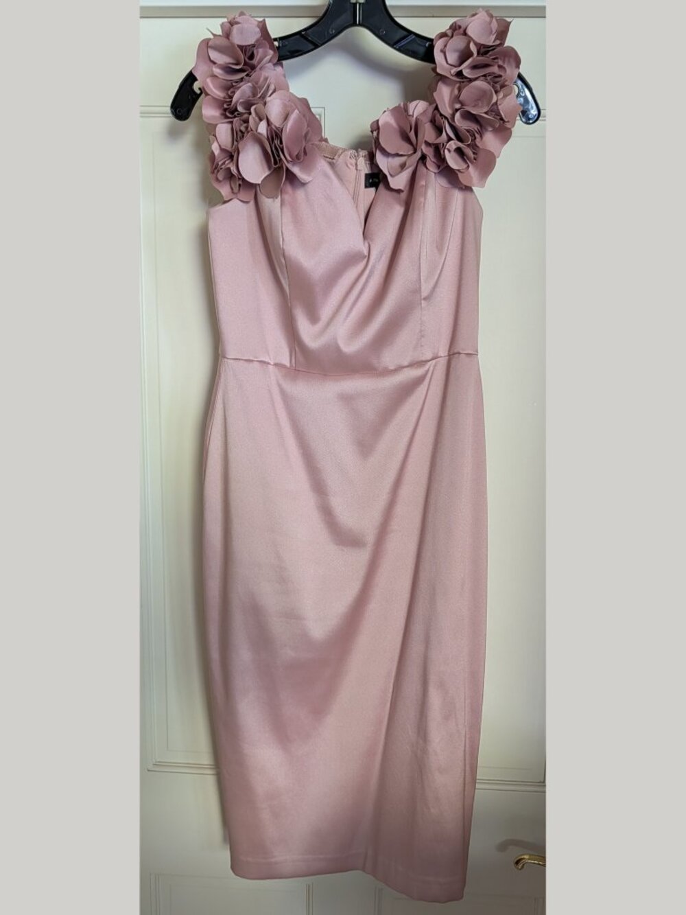 NWOT Aidan Mattox Floral Appliqué Off Shoulder Sheath Dress Sz US8 Mauve Pink